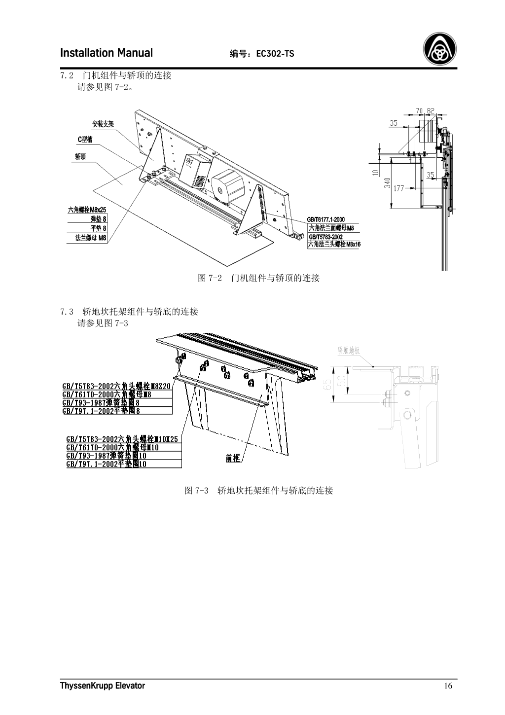 蒂森K200轿门系统安装手册