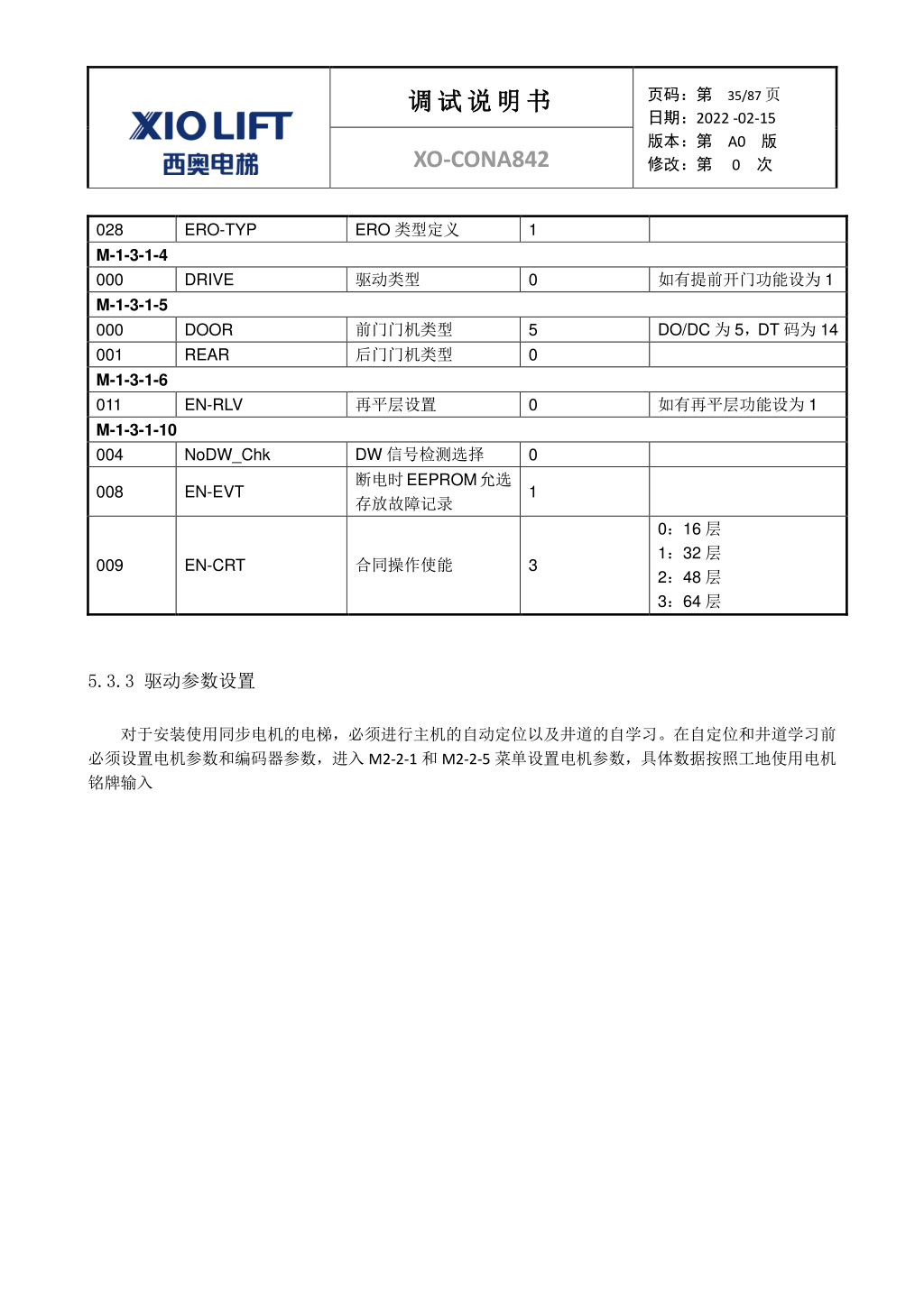 西奥XO-CONA842电梯调试资料