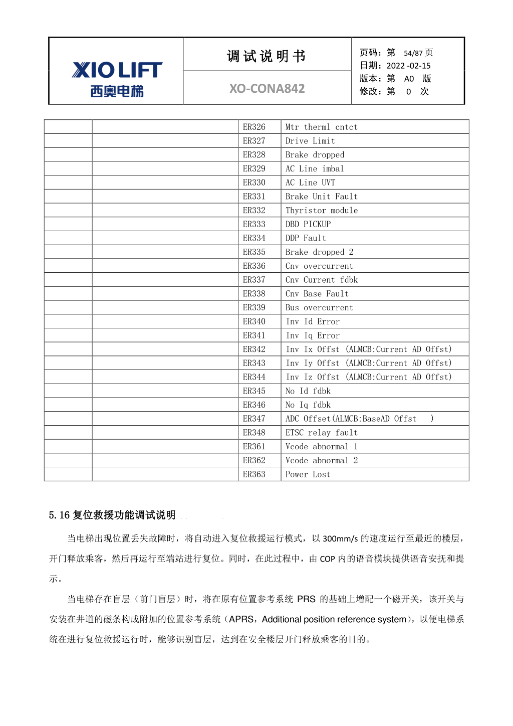 西奥XO-CONA842电梯调试资料