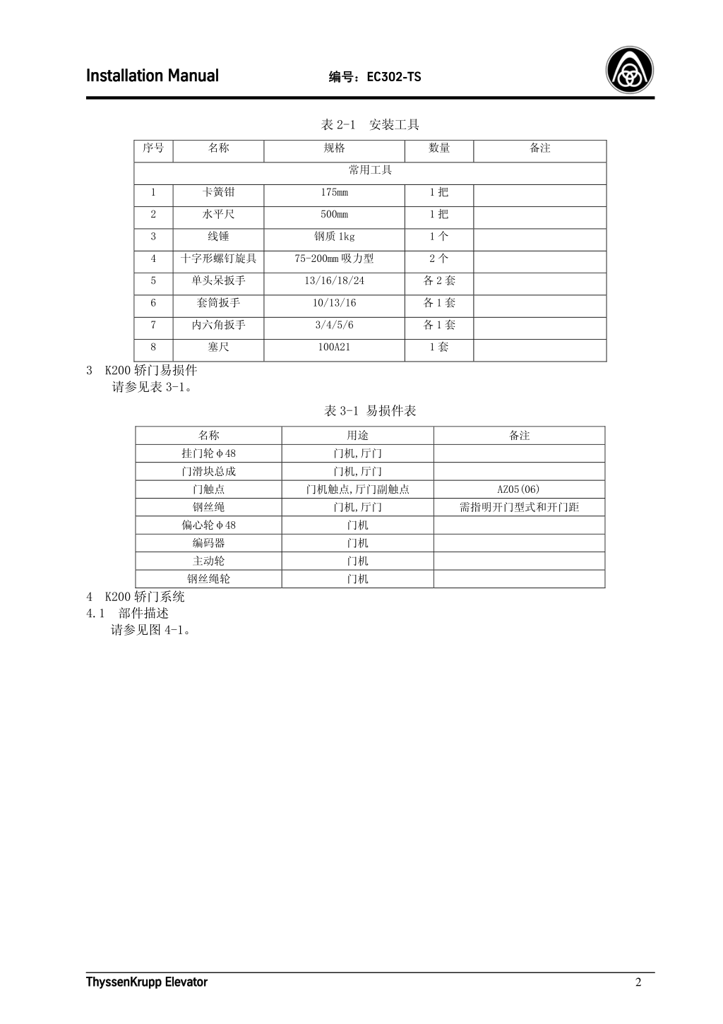 蒂森K200轿门系统安装手册