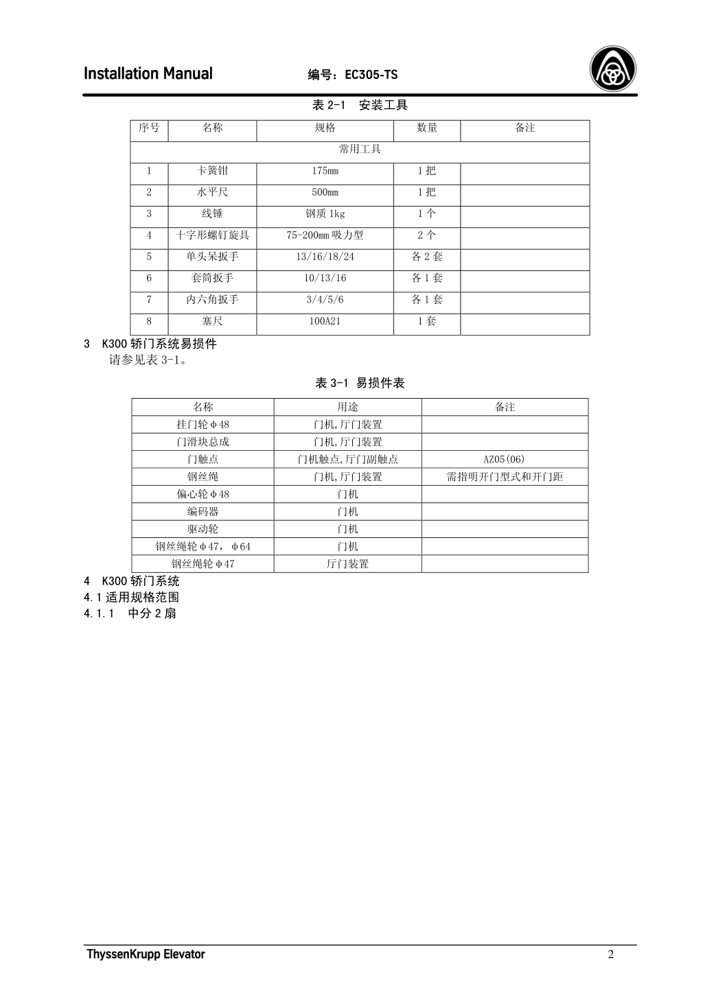 蒂森K300轿门系统安装手册