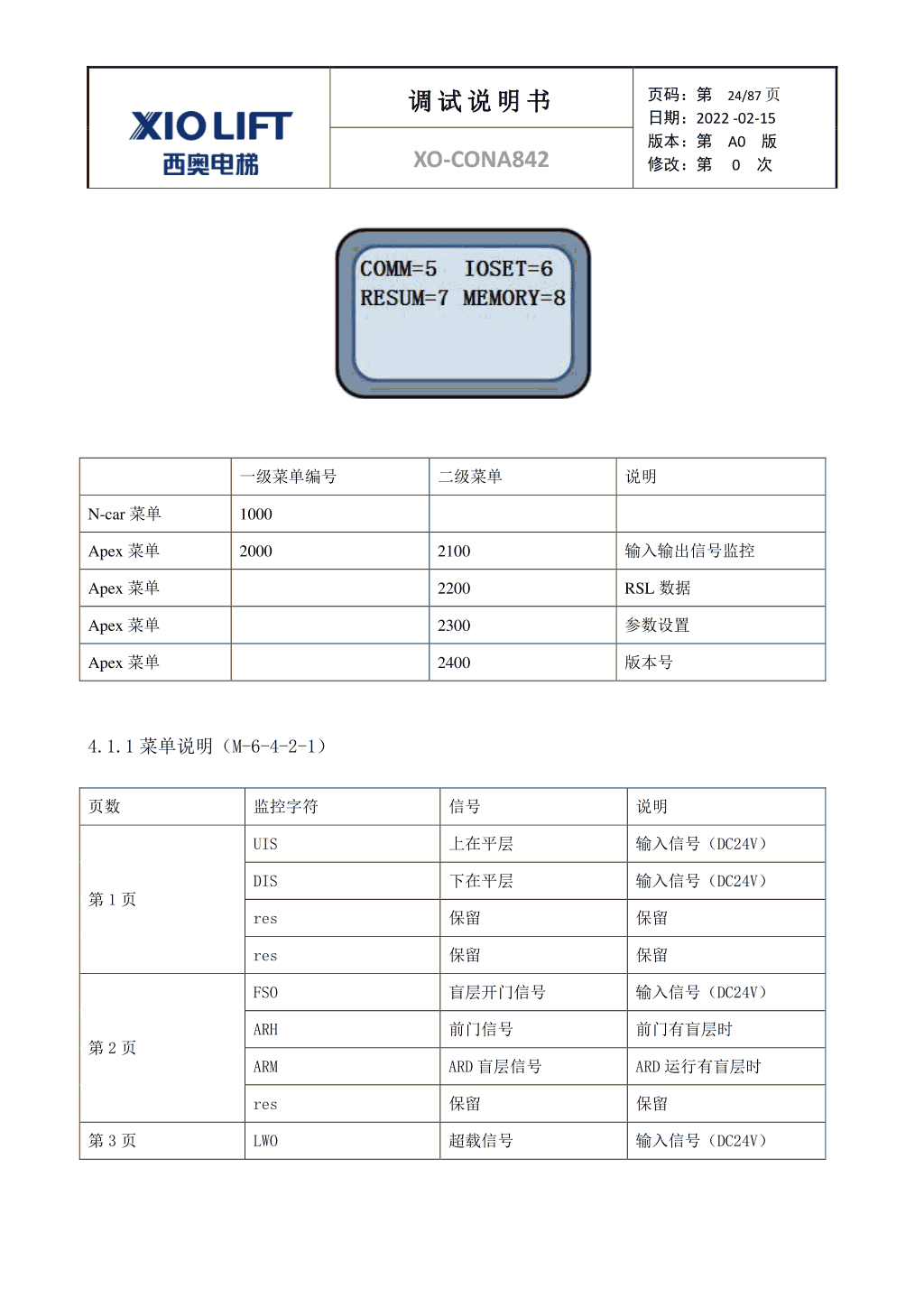 西奥XO-CONA842电梯调试资料