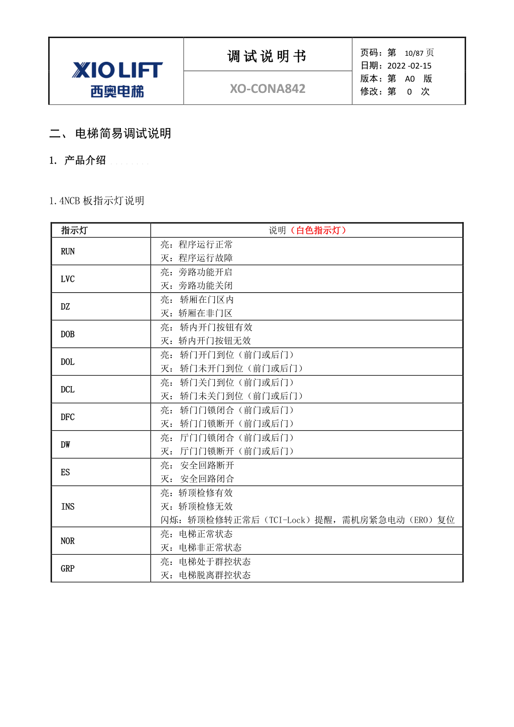 西奥XO-CONA842电梯调试资料