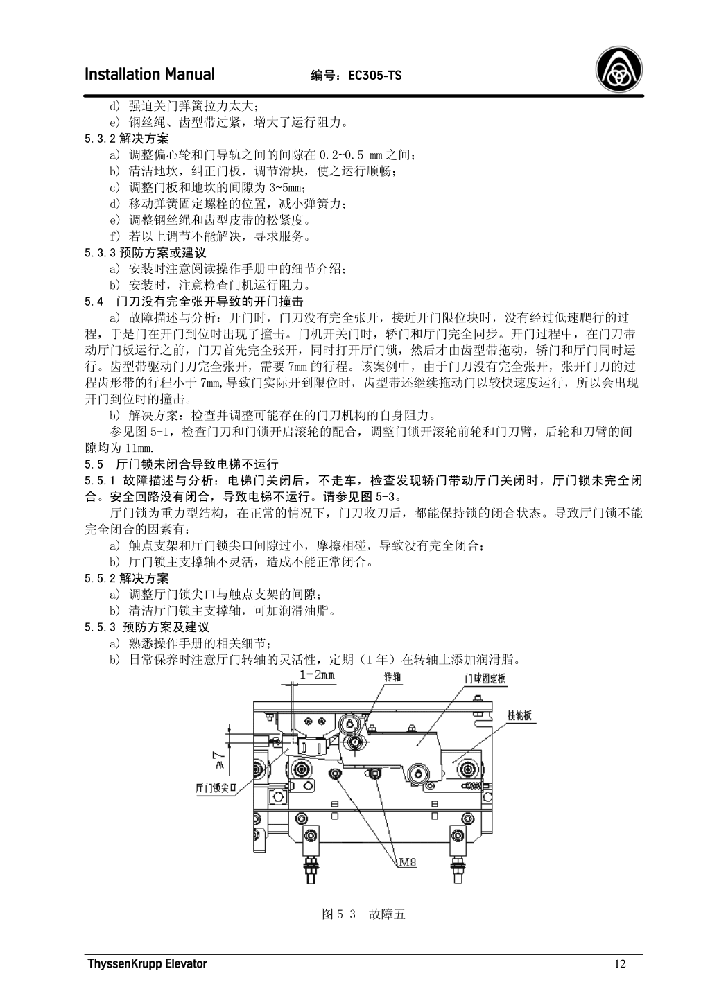 蒂森K300轿门系统安装手册