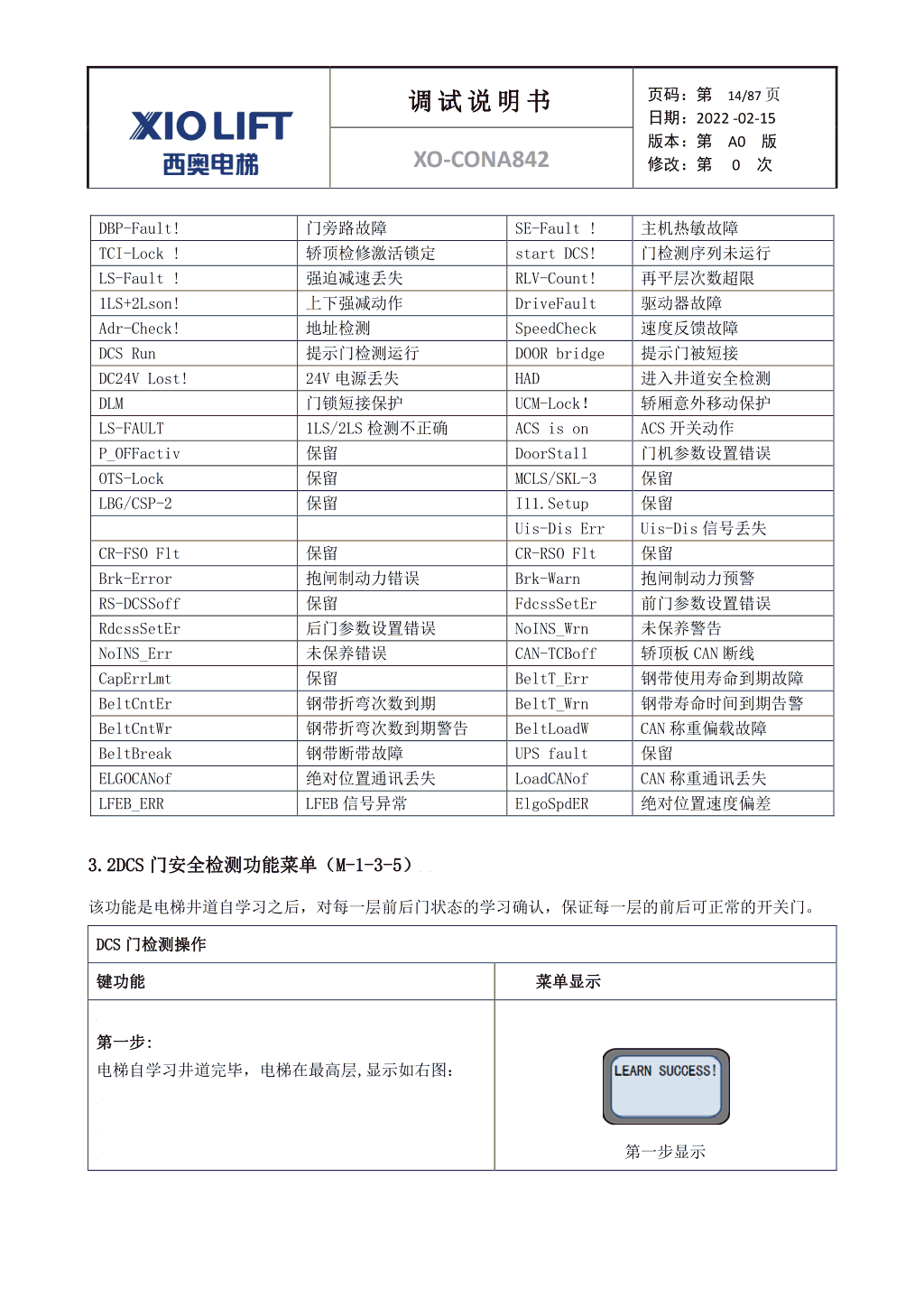 西奥XO-CONA842电梯调试资料