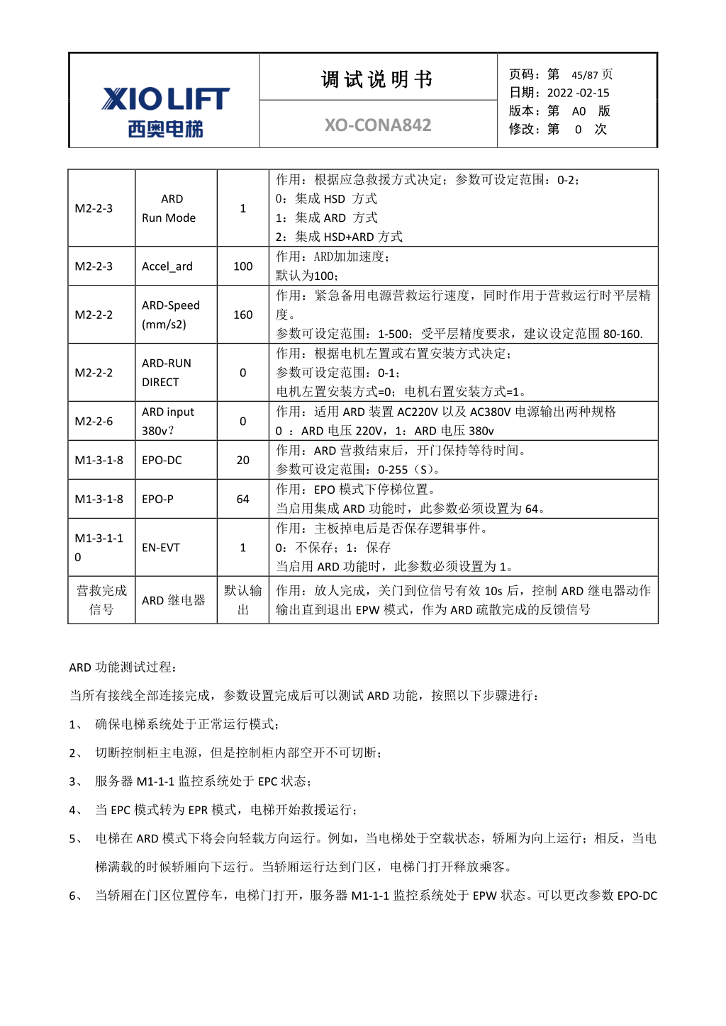 西奥XO-CONA842电梯调试资料