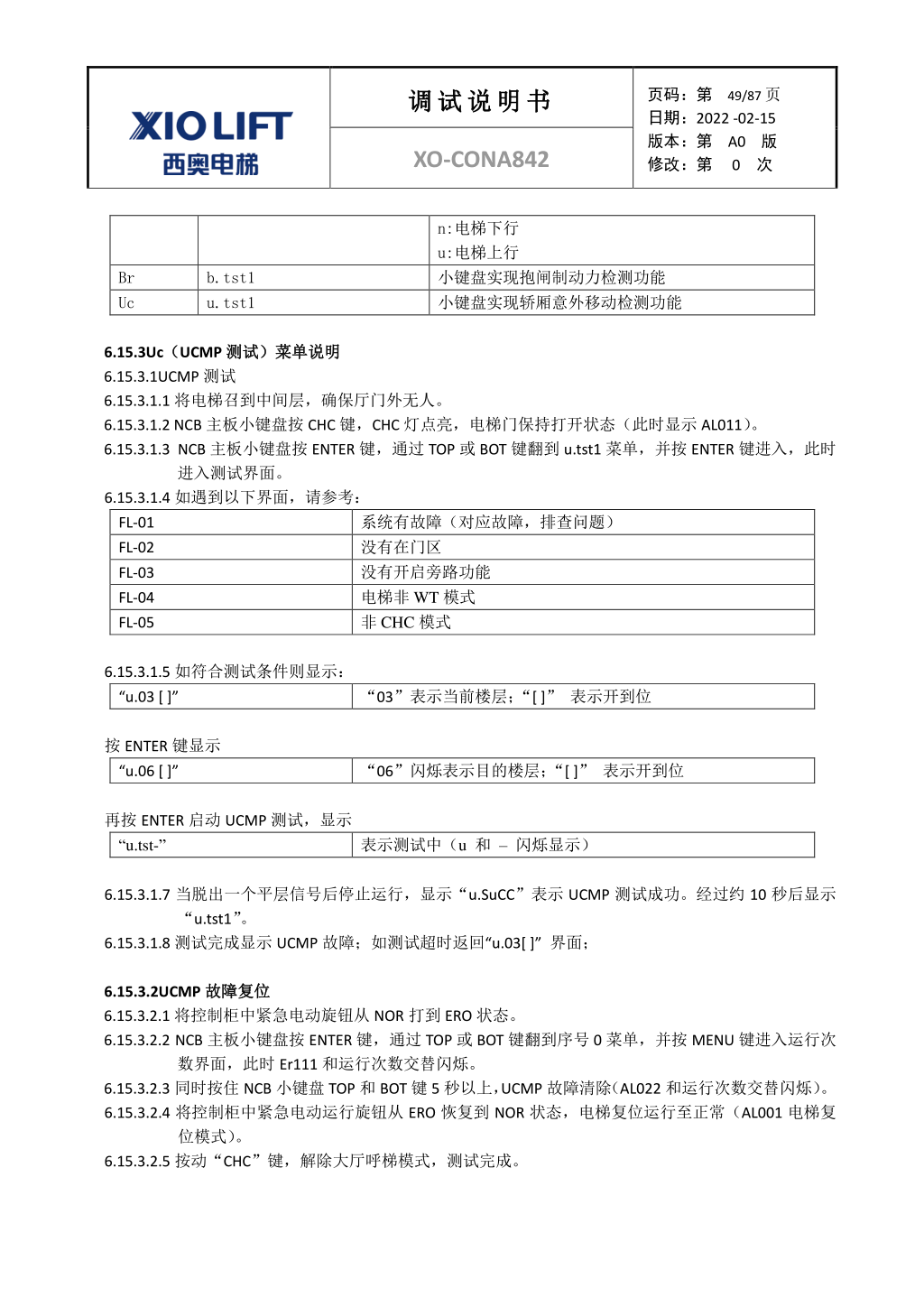 西奥XO-CONA842电梯调试资料