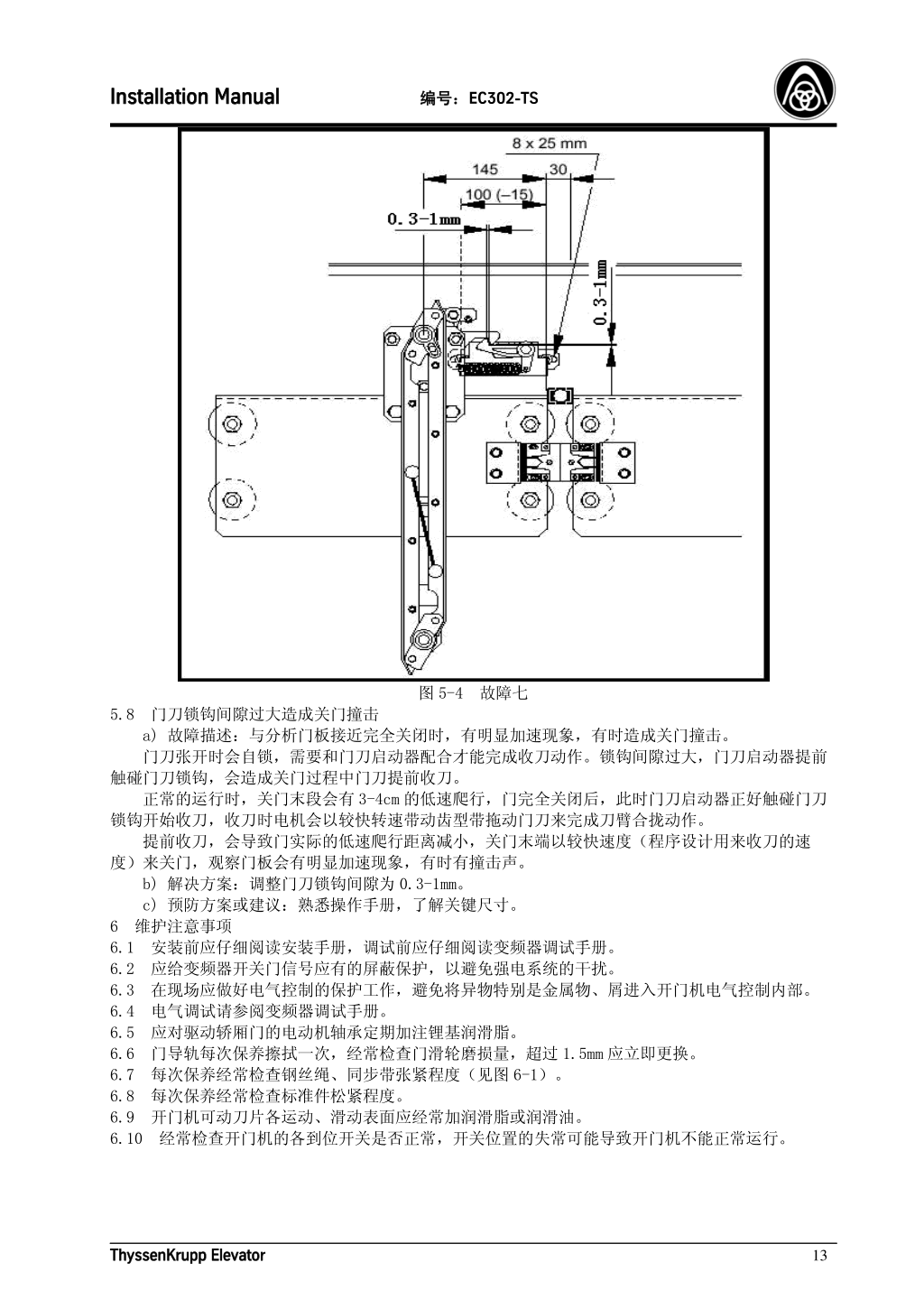 蒂森K200轿门系统安装手册