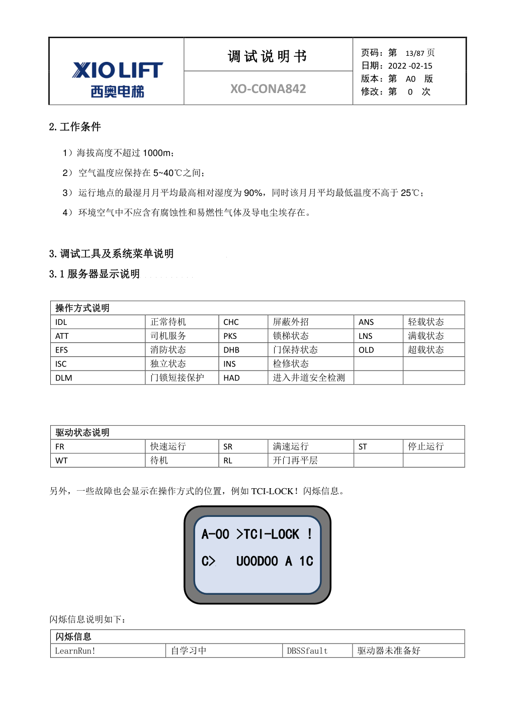 西奥XO-CONA842电梯调试资料